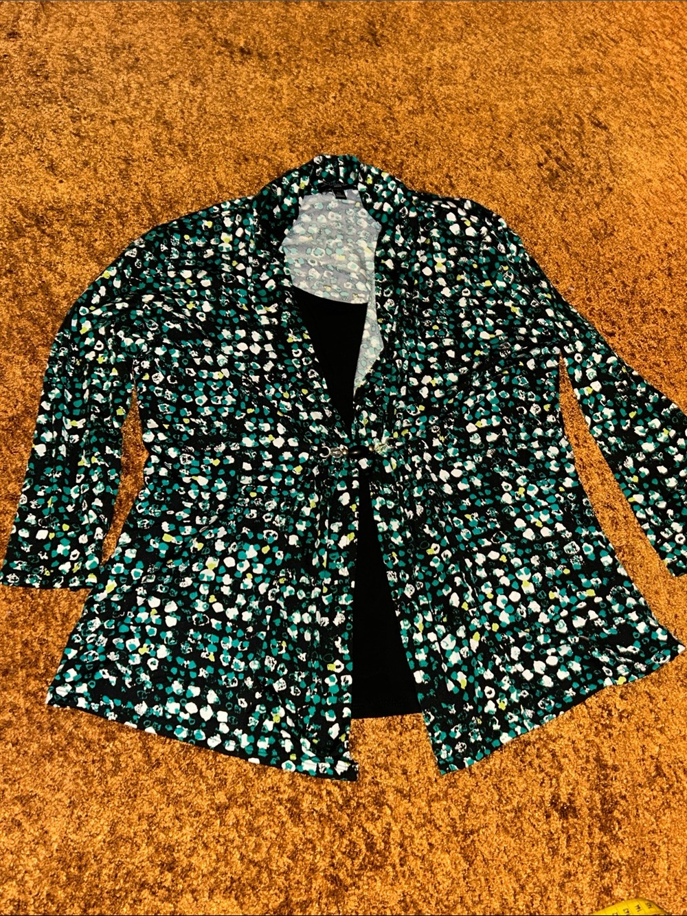 Notations Teal, White & Black Printed Open Cardigan
